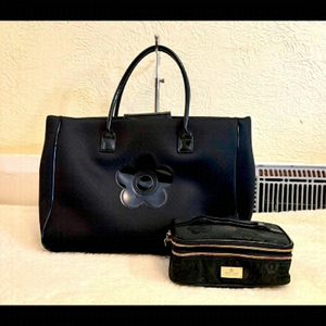 Women's Black Flower Accent Tote Bag with Matching Pouch